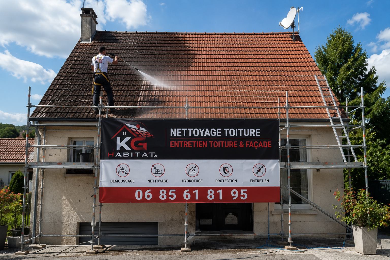 Couvreur KG Habitat 89 nettoyant une toiture en tuiles au nettoyeur haute pression