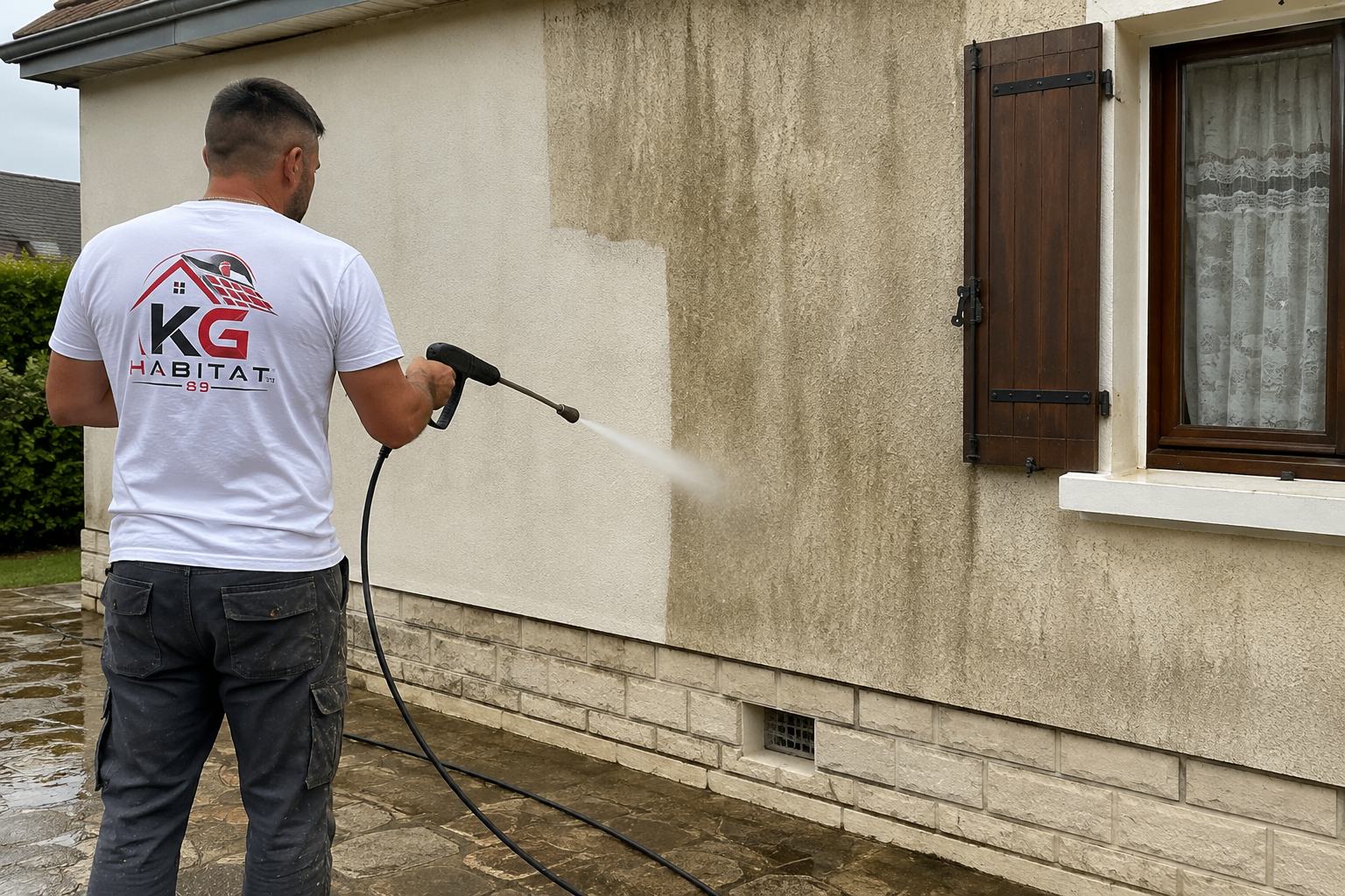 Artisan KG Habitat 89 nettoyant une façade en crépi au nettoyeur haute pression