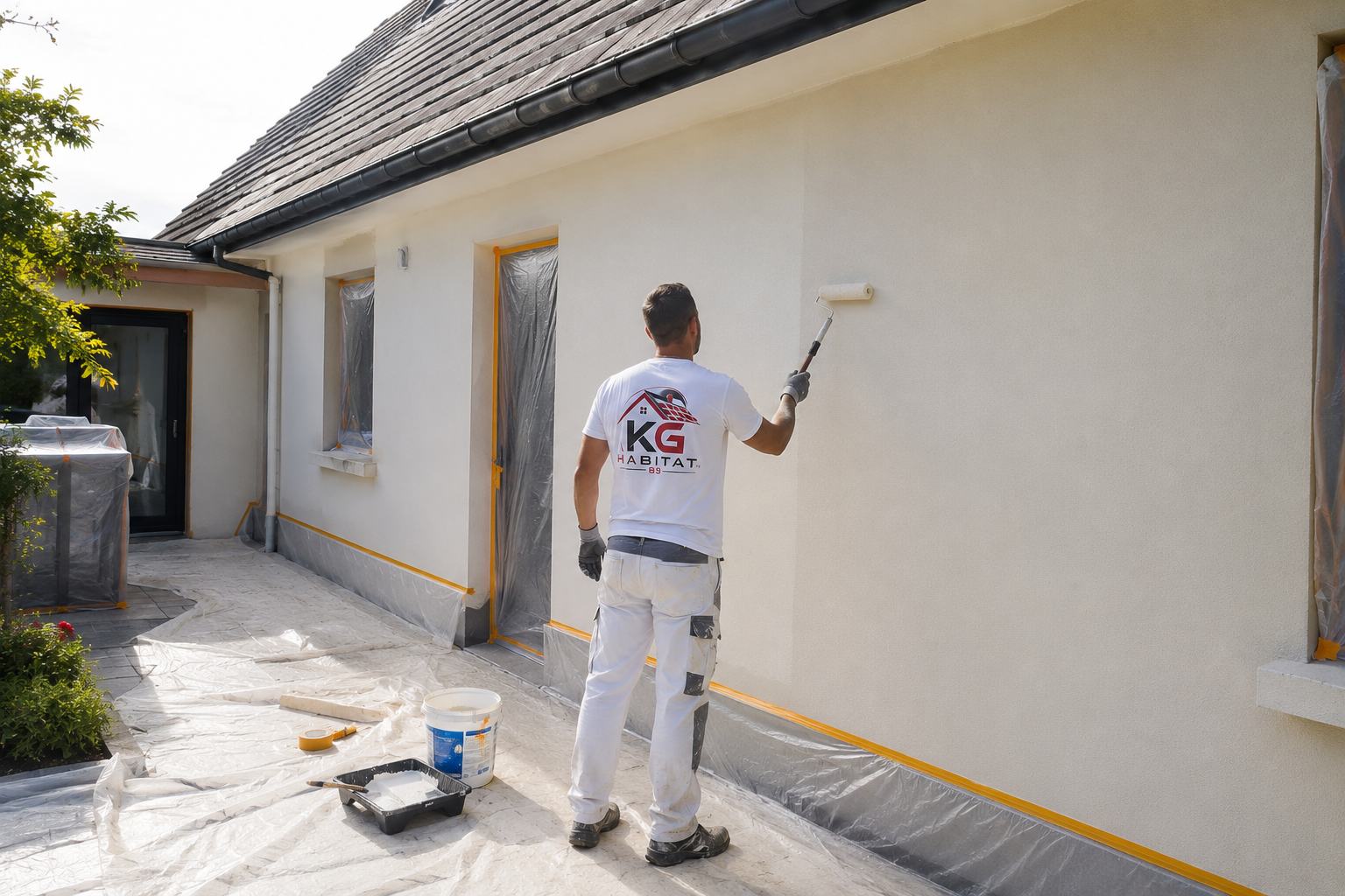 Application au rouleau d’un hydrofuge coloré sur une façade protégée par des bâches